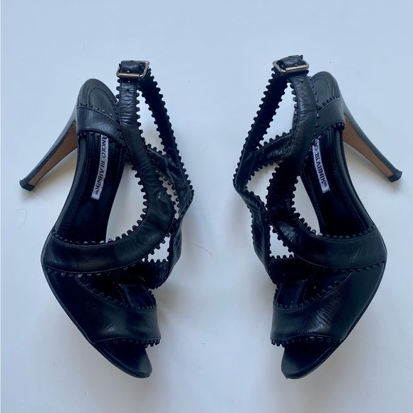 EUC Manolo Blahnik Black leather Sandals Heels, size 37.5, US 7.5 - Picture 3 of 7